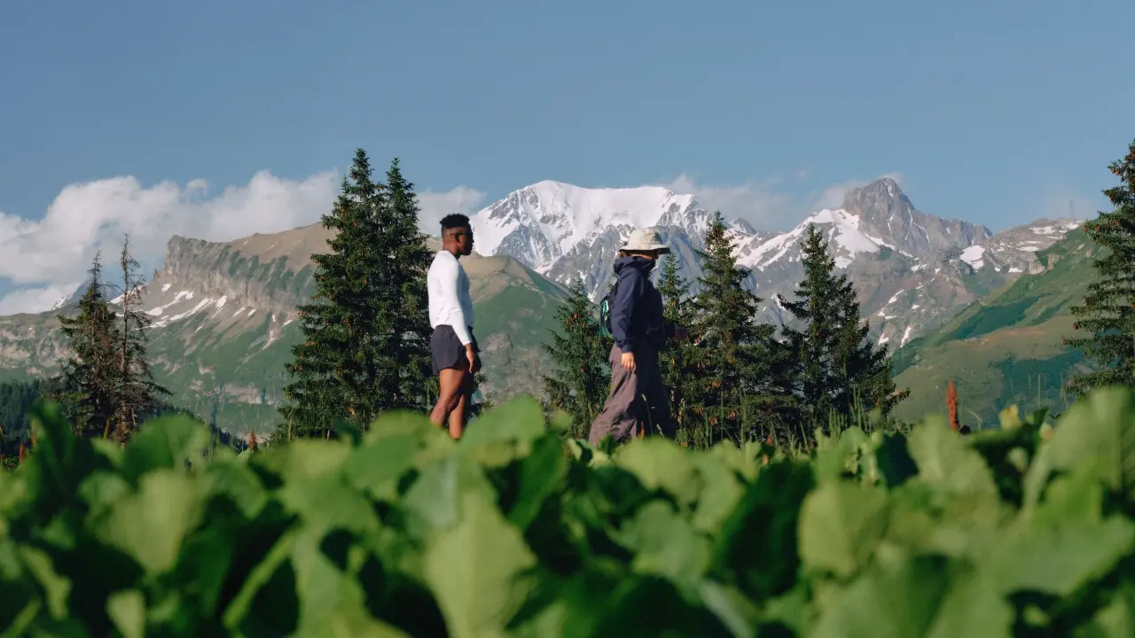 Two hikers standing in a green alpine meadow with mountains in the distance